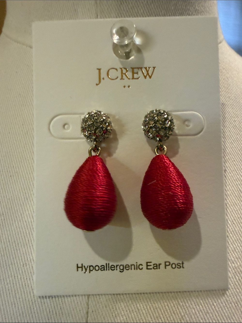 J. Crew Factory Red Satin Teardrop Earrings with Crystal Ball Posts